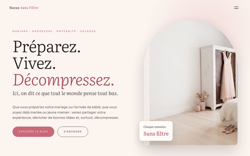 Aperçu du modèle Blog · Noces sans filtre, pour blog mariage