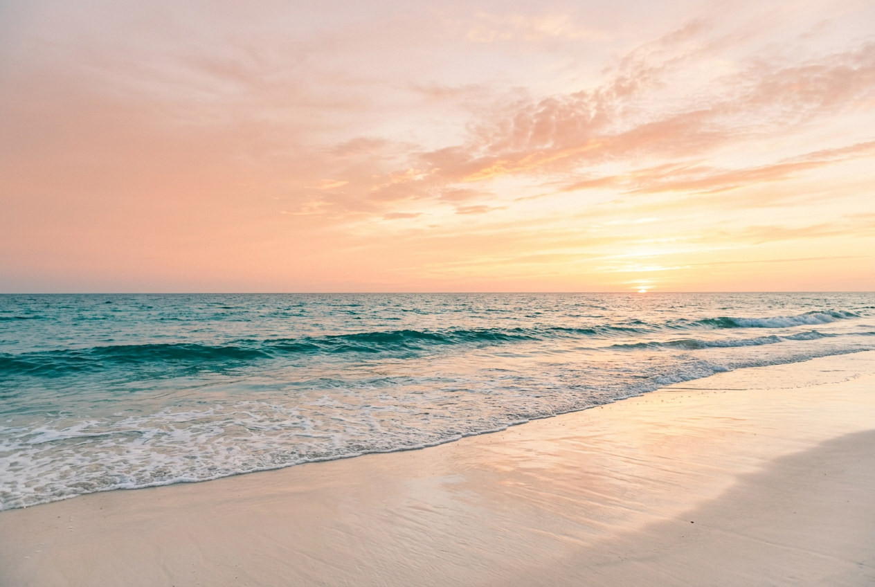 Illustration d’ambiance : une plage au coucher du soleil, mer turquoise et ciel pêche