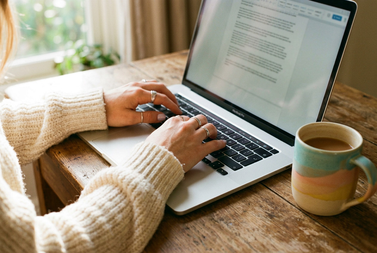 Illustration d’ambiance : des mains sur le clavier d’un ordinateur portable, à côté d’une tasse