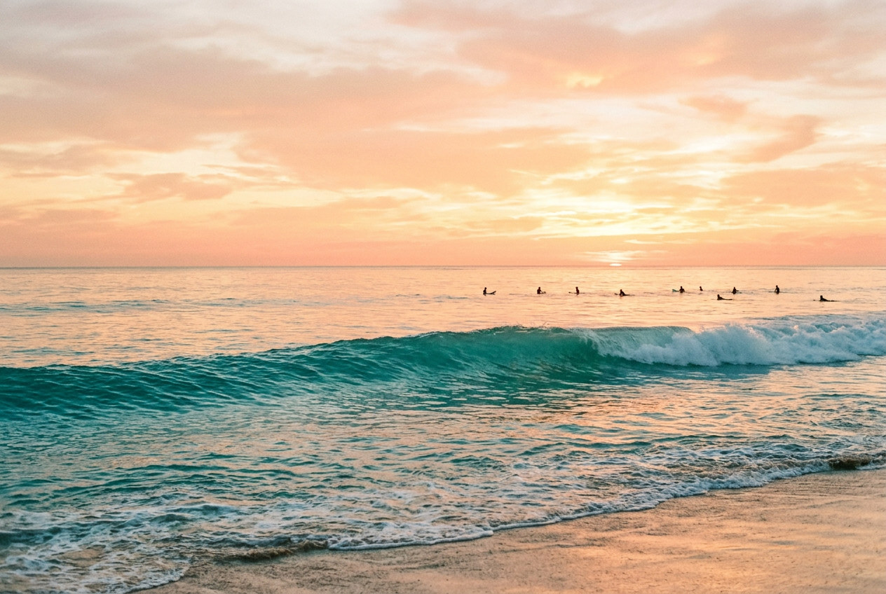 Illustration d’ambiance : une vague turquoise au coucher du soleil