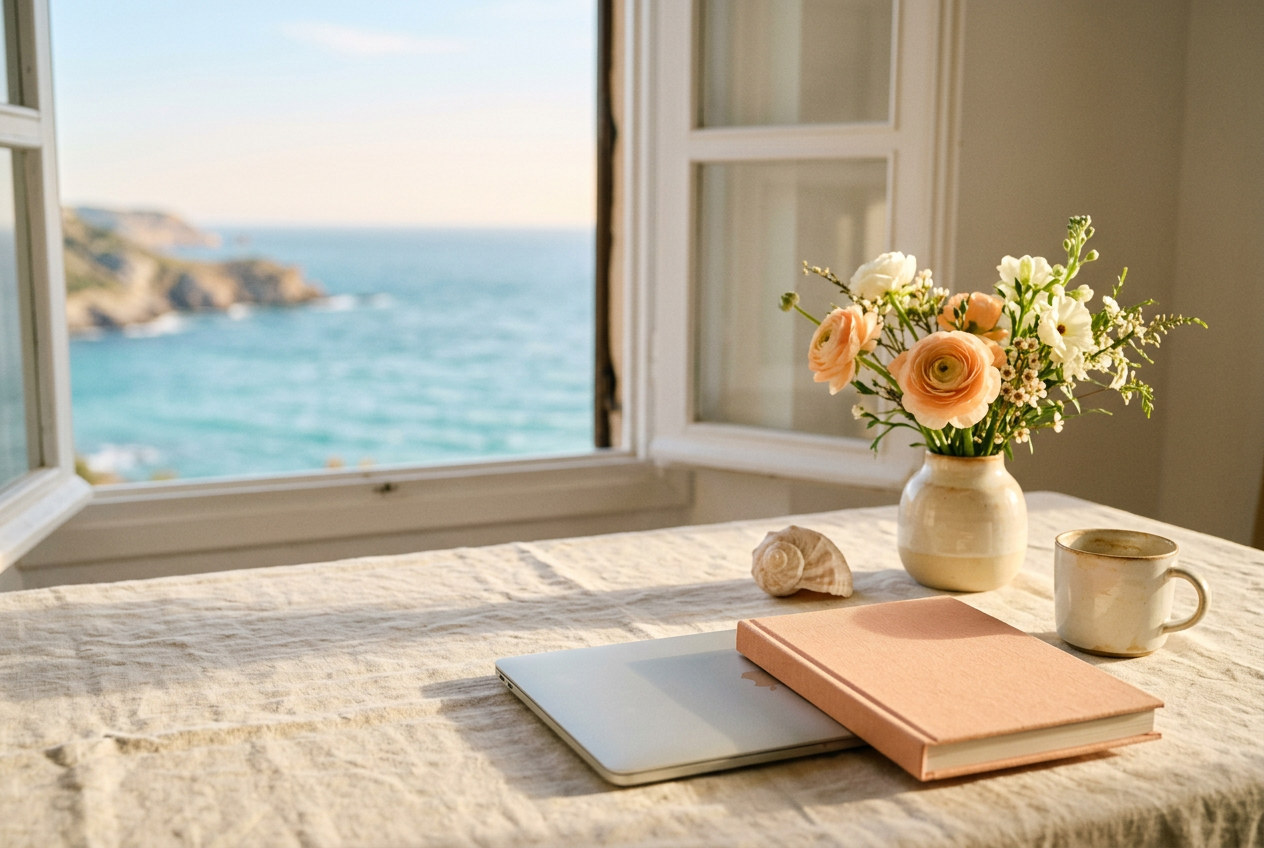 Illustration d’ambiance : une table en lin crème devant une fenêtre ouverte sur la mer, avec un ordinateur portable fermé, un carnet pêche et un bouquet de renoncules