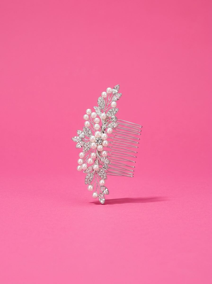 Peigne à cheveux argenté orné de perles de culture et de cristaux