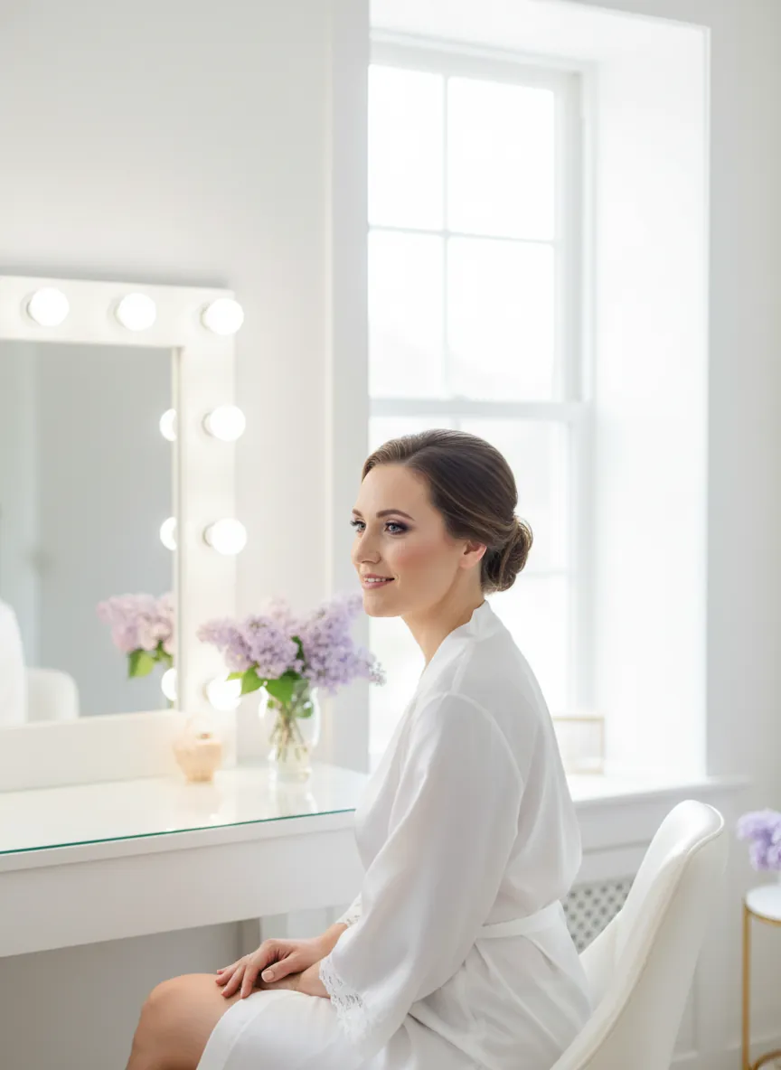 Une mariée devant le miroir de loge avant son maquillage