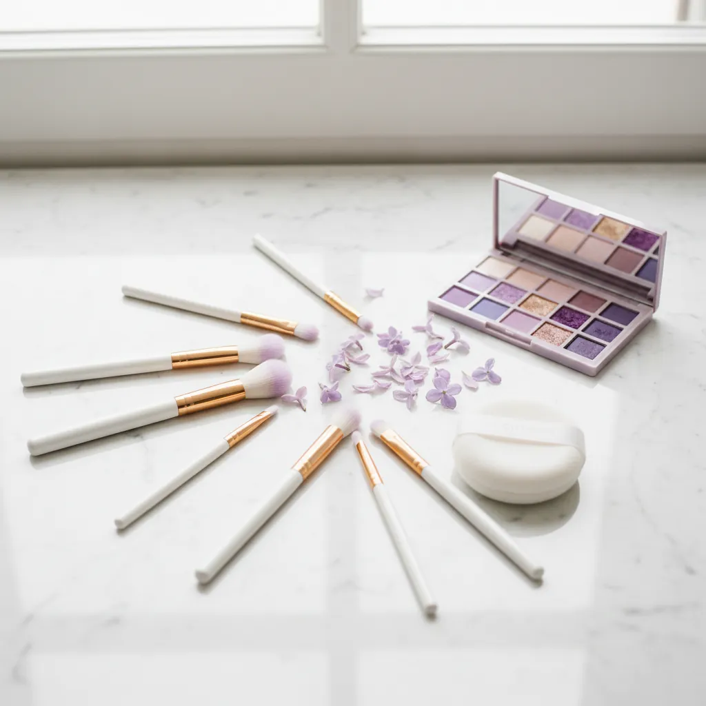 Pinceaux, palette lilas et dorée et pétales sur un marbre blanc