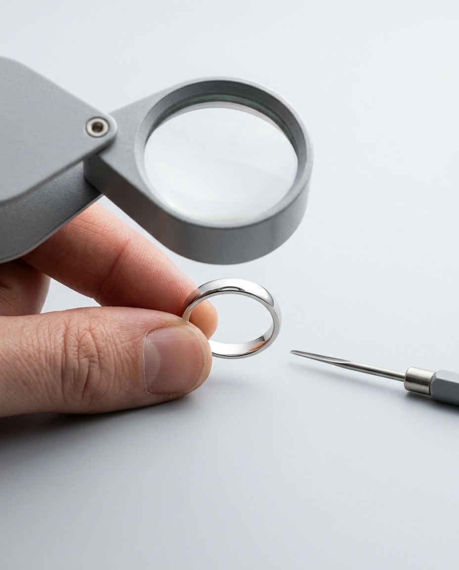 Une loupe d’horloger au-dessus d’un anneau à graver