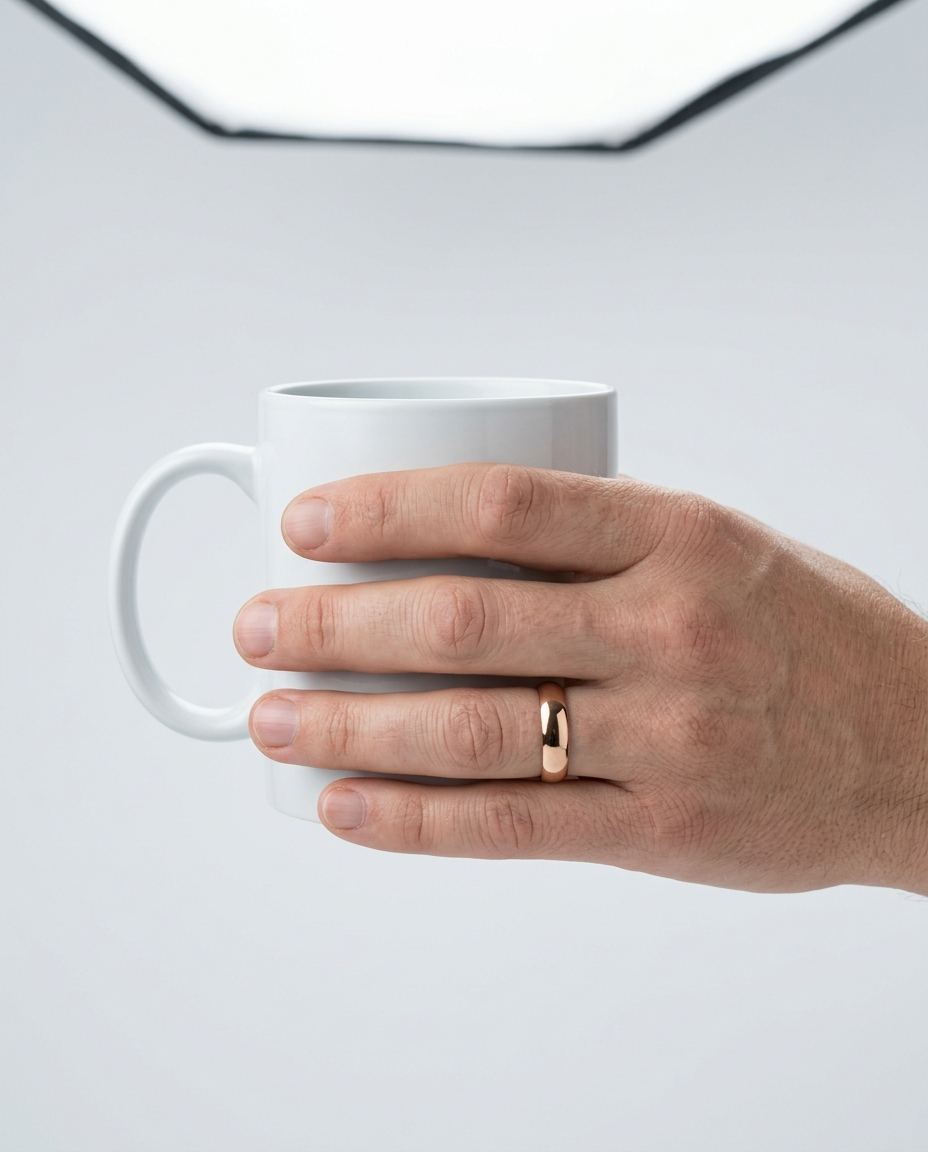 Une main tenant une tasse, alliance en or rose