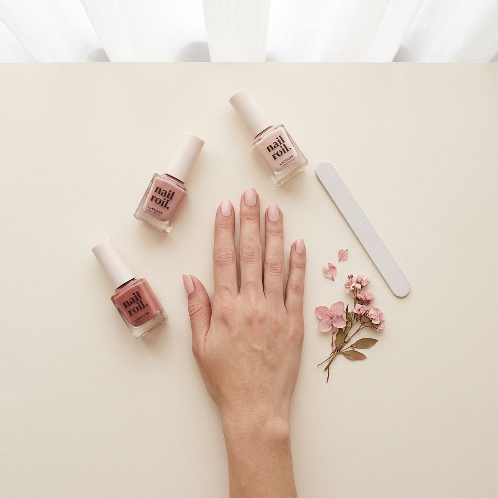 Main aux ongles nude entourée de flacons de vernis, vue du dessus