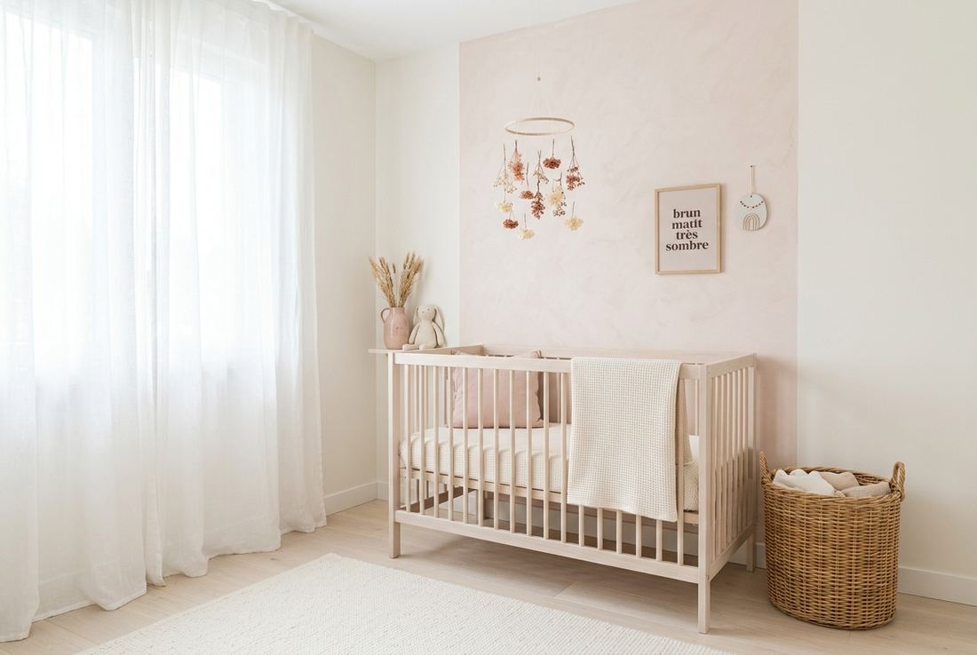 Chambre de bébé claire, lit à barreaux et mobile de fleurs séchées