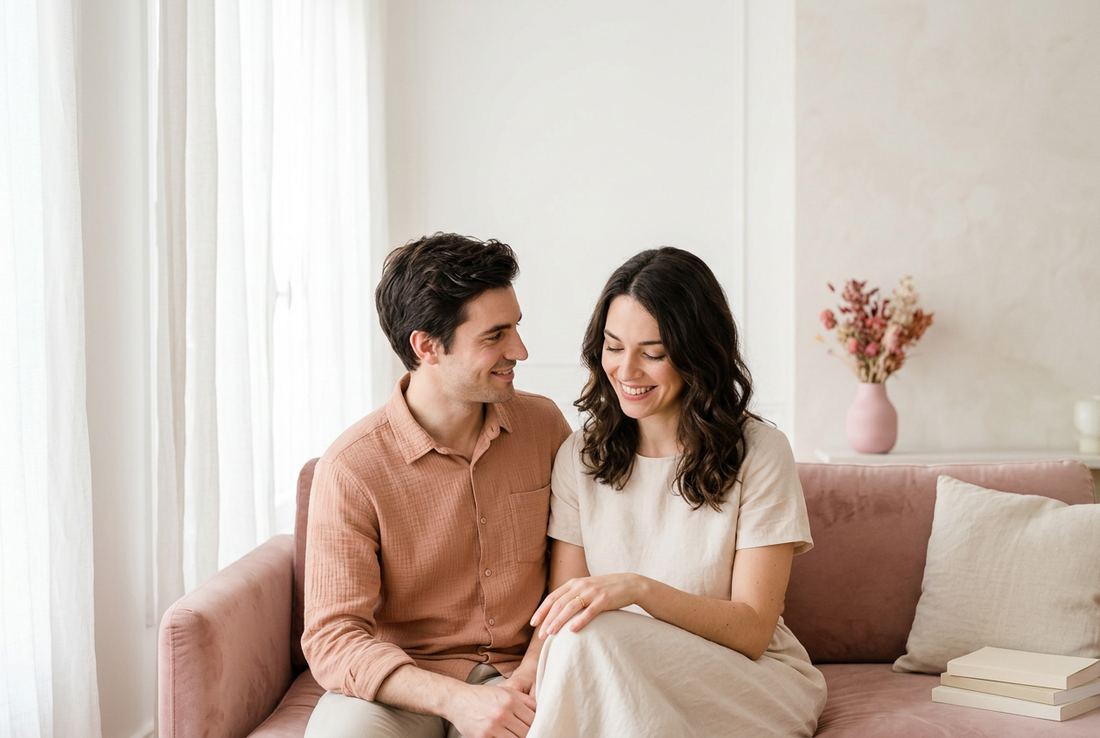 Un couple sur un canapé de velours rose, elle regarde sa bague