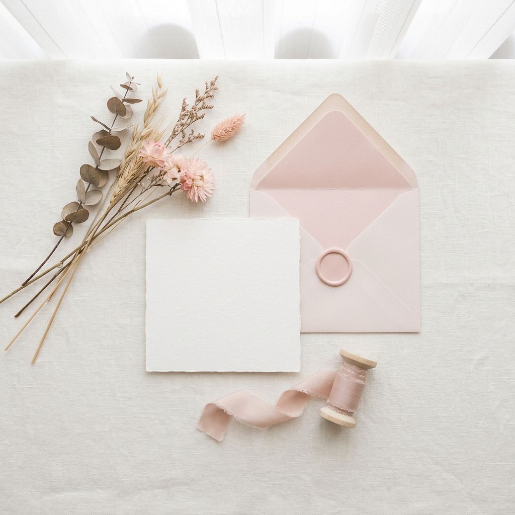 Invitation de mariage, son enveloppe doublée et un ruban de soie