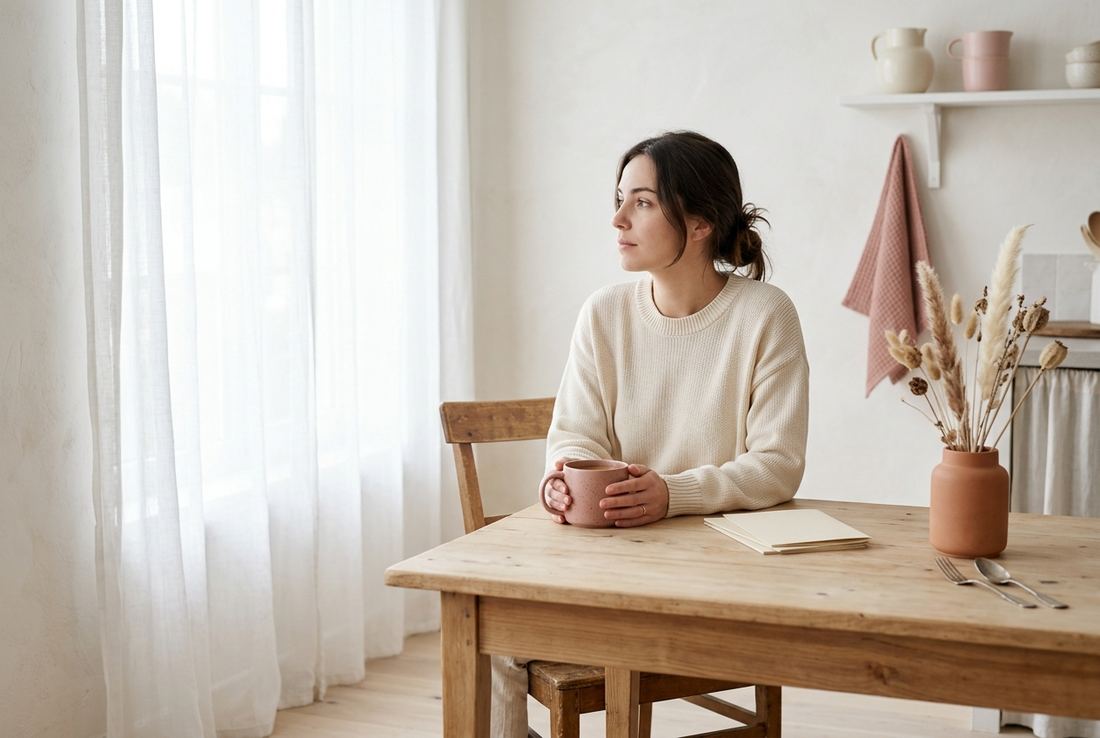 Une femme pensive à sa table de cuisine, une tasse entre les mains