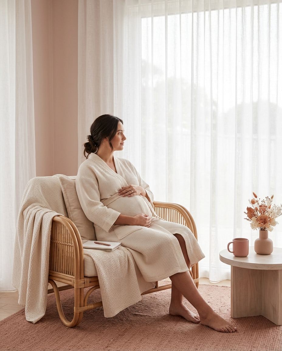 Femme enceinte assise près d’une fenêtre voilée, les mains sur le ventre