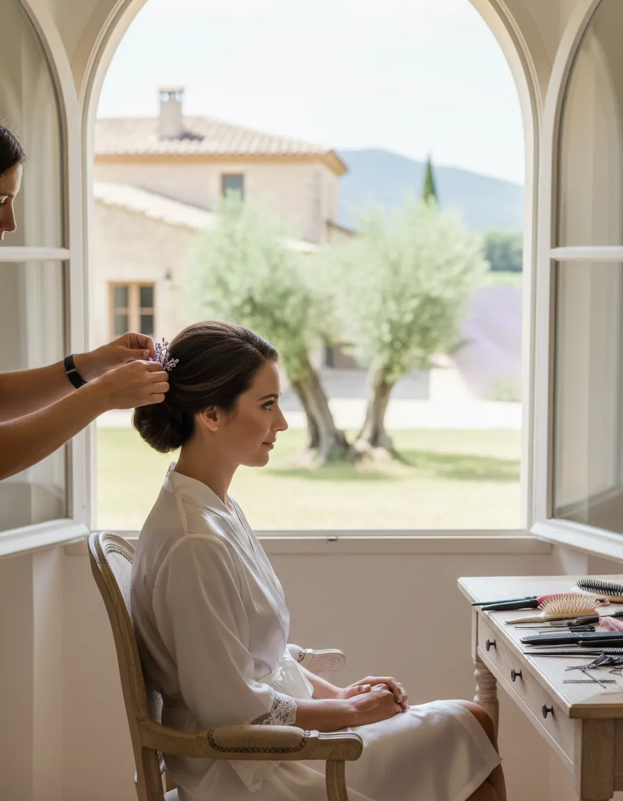 Une épingle posée dans le chignon d’une mariée assise près d’une fenêtre ouverte