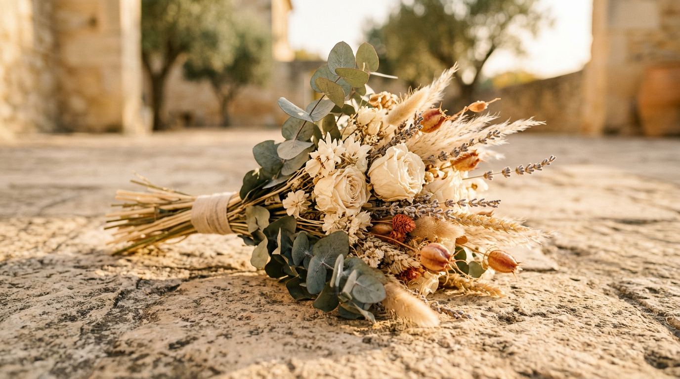 Petits bouquets de fleurs séchées et ruban posés sur du lin