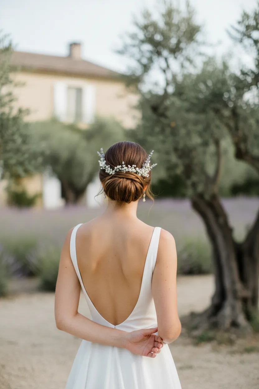 Mariée de dos, chignon bas souple piqué de petites fleurs blanches, oliviers et lavande en arrière-plan