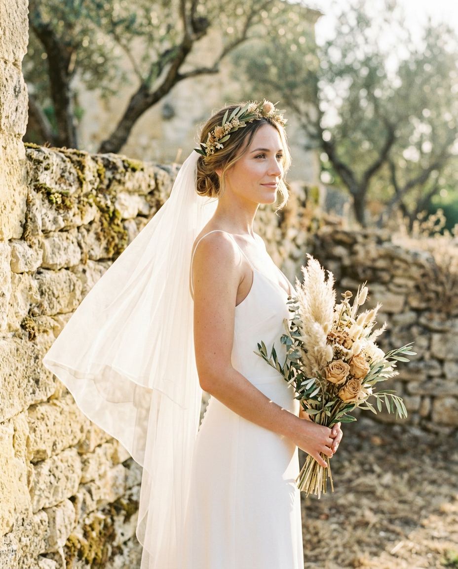 Mariée en semi-attaché avec voile et couronne de fleurs