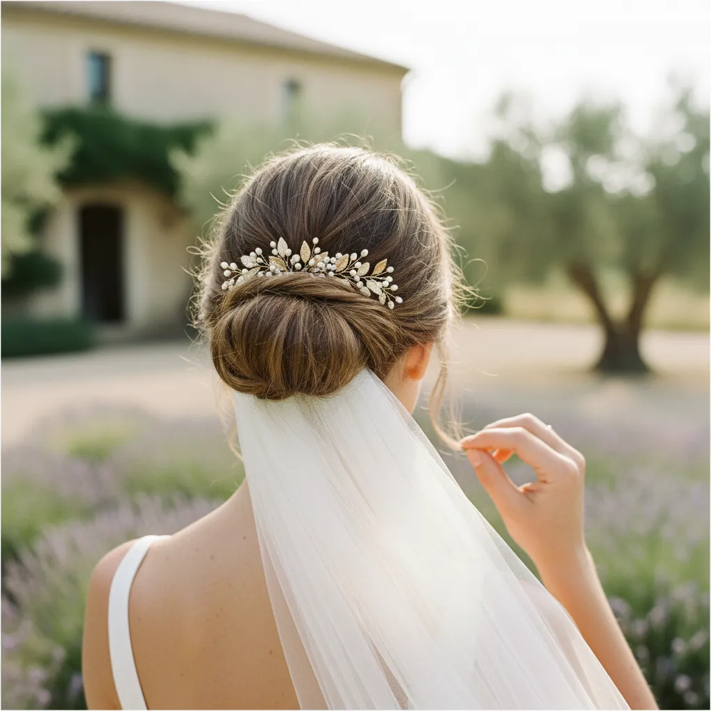 Peigne orné de perles et de feuilles dorées piqué dans un chignon, voile de tulle