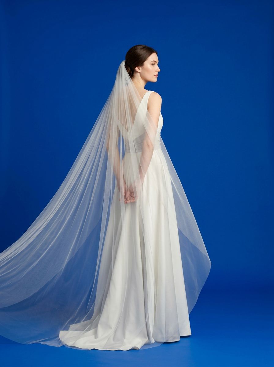 Mariée de dos avec un long voile de tulle qui descend jusqu’au sol