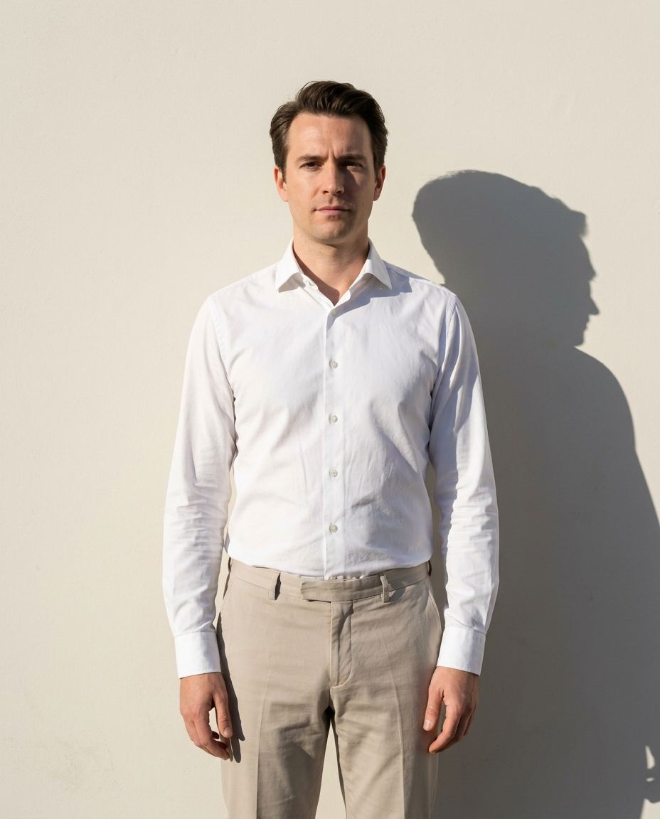 Le marié en chemise blanche et pantalon clair