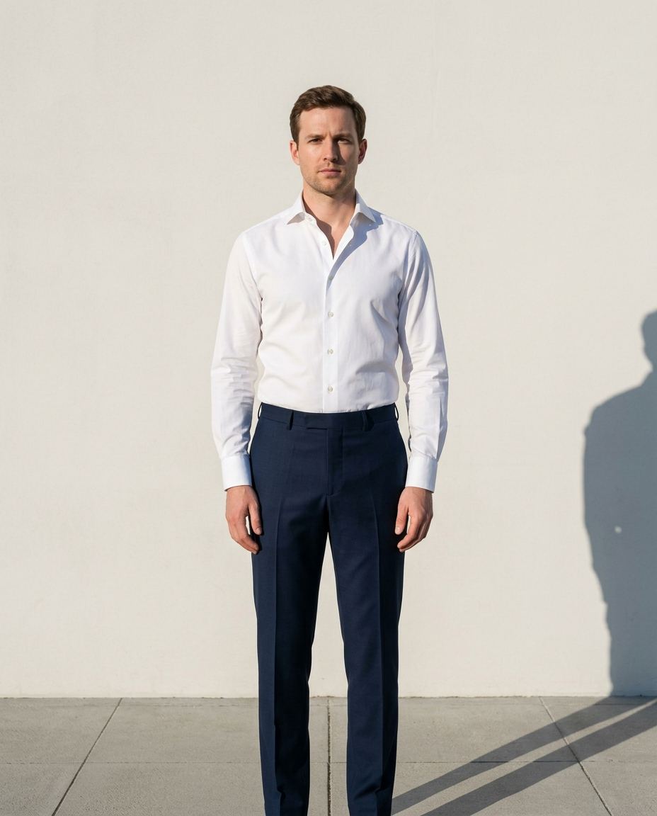 Le marié en chemise et pantalon bleu nuit