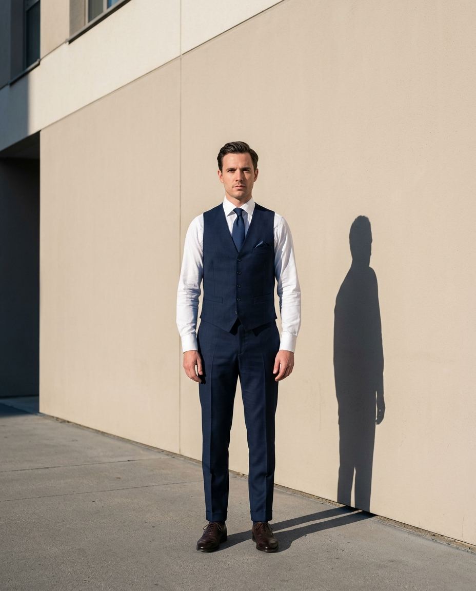 Le marié en gilet bleu nuit et cravate