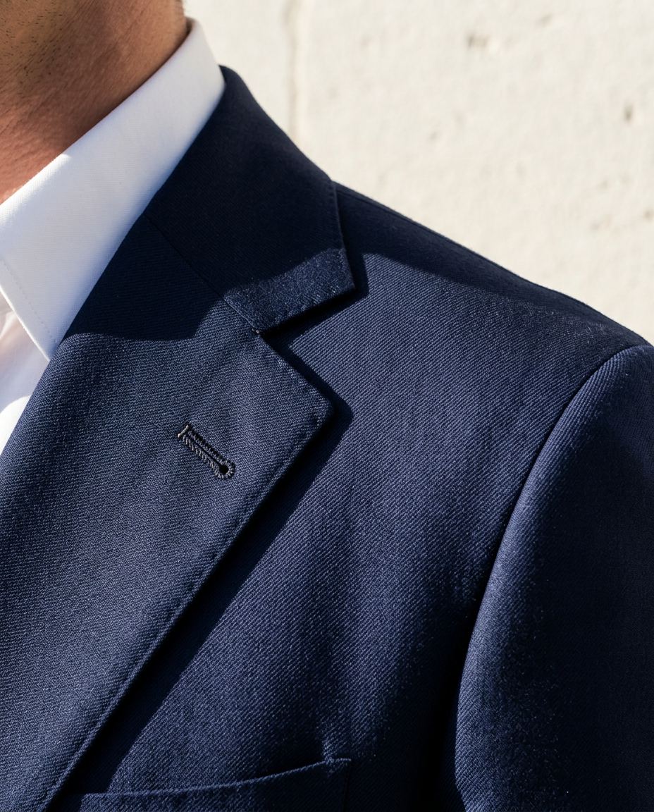 Gros plan sur la laine bleu nuit d’une veste