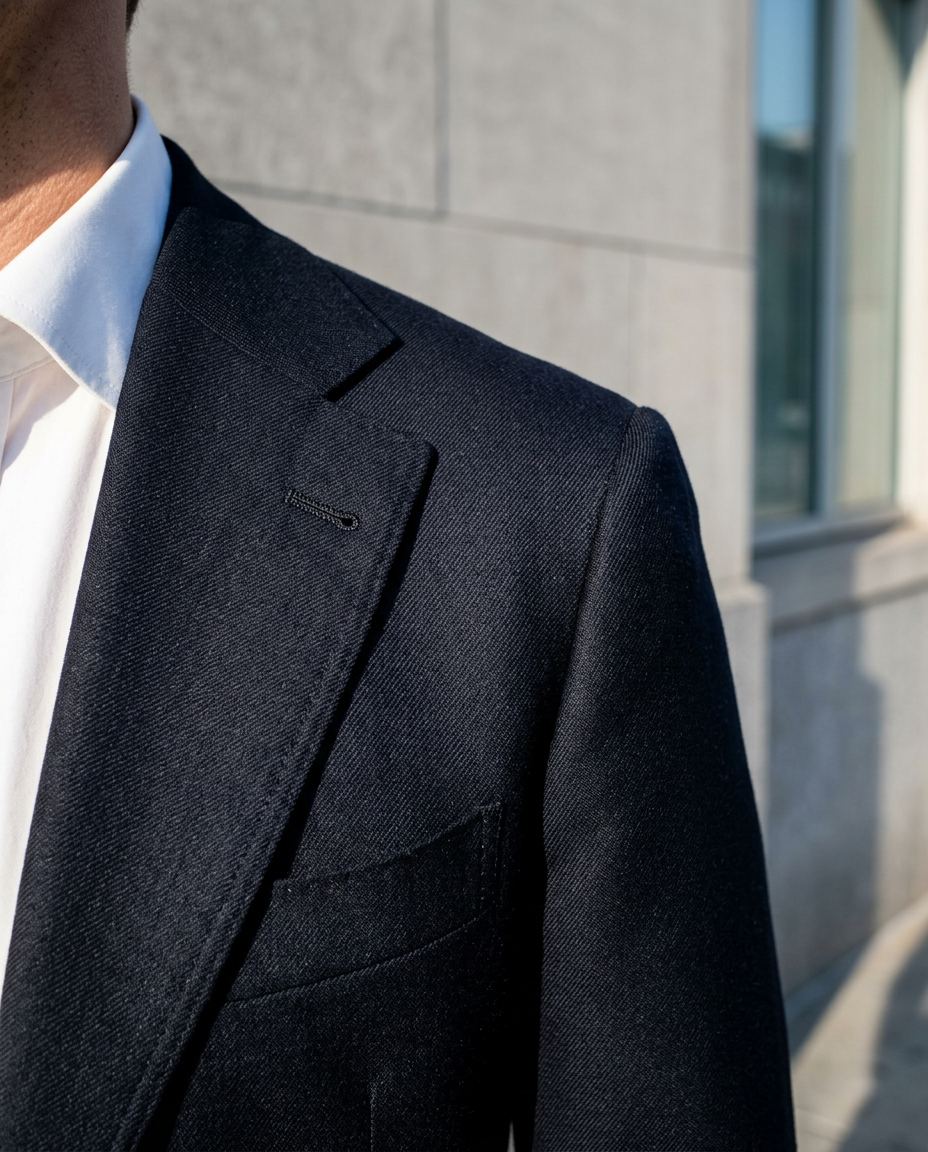 Détail du revers de la veste et de la chemise blanche