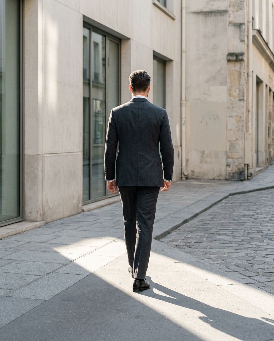 Le marié de dos, qui marche dans une ruelle ensoleillée