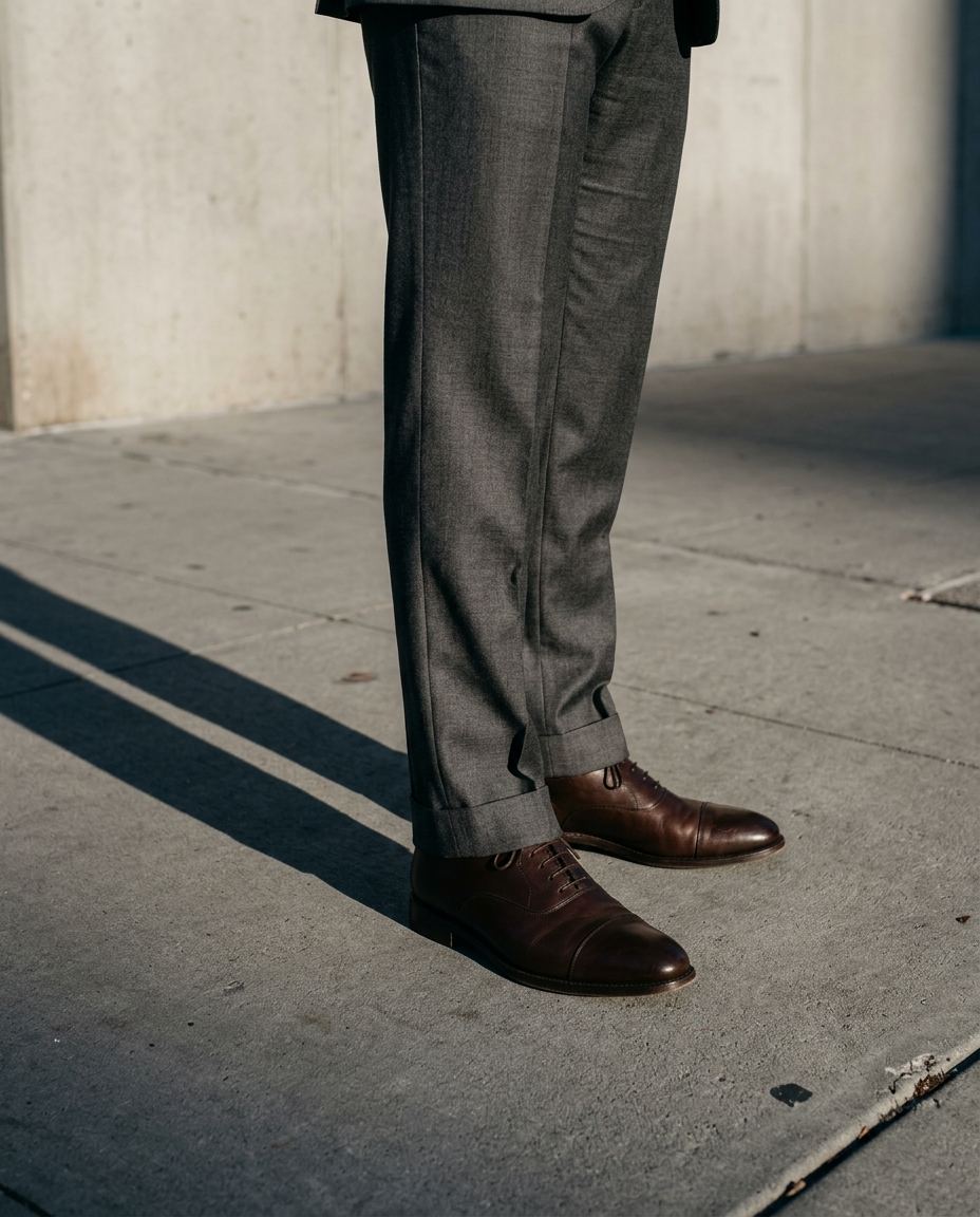 Le bas du pantalon gris et les chaussures en cuir