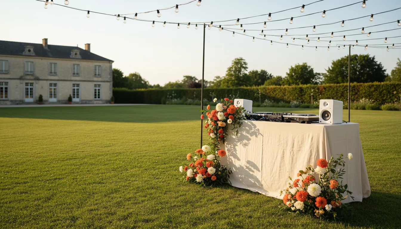 La cabine DJ habillée de lin blanc et de fleurs orange sur une pelouse