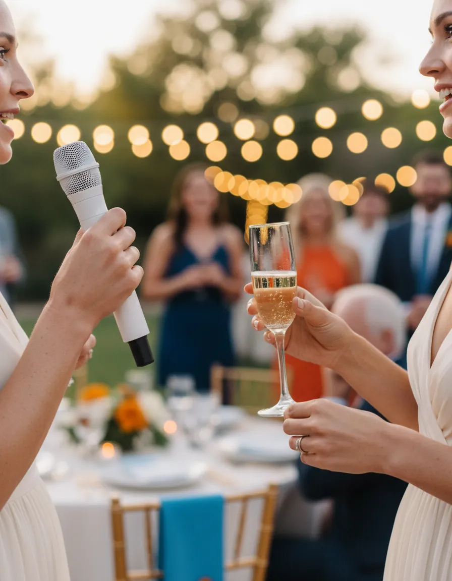 Une témoin tient un micro blanc pendant son discours, une coupe à la main