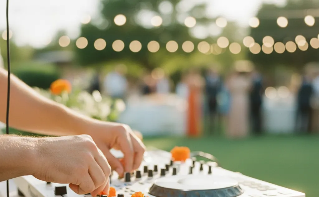 Les mains de la DJ sur un contrôleur de mixage blanc, casque posé à côté