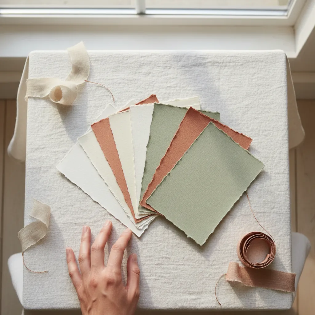 Un éventail de papiers de coton, du blanc au sauge et au terracotta