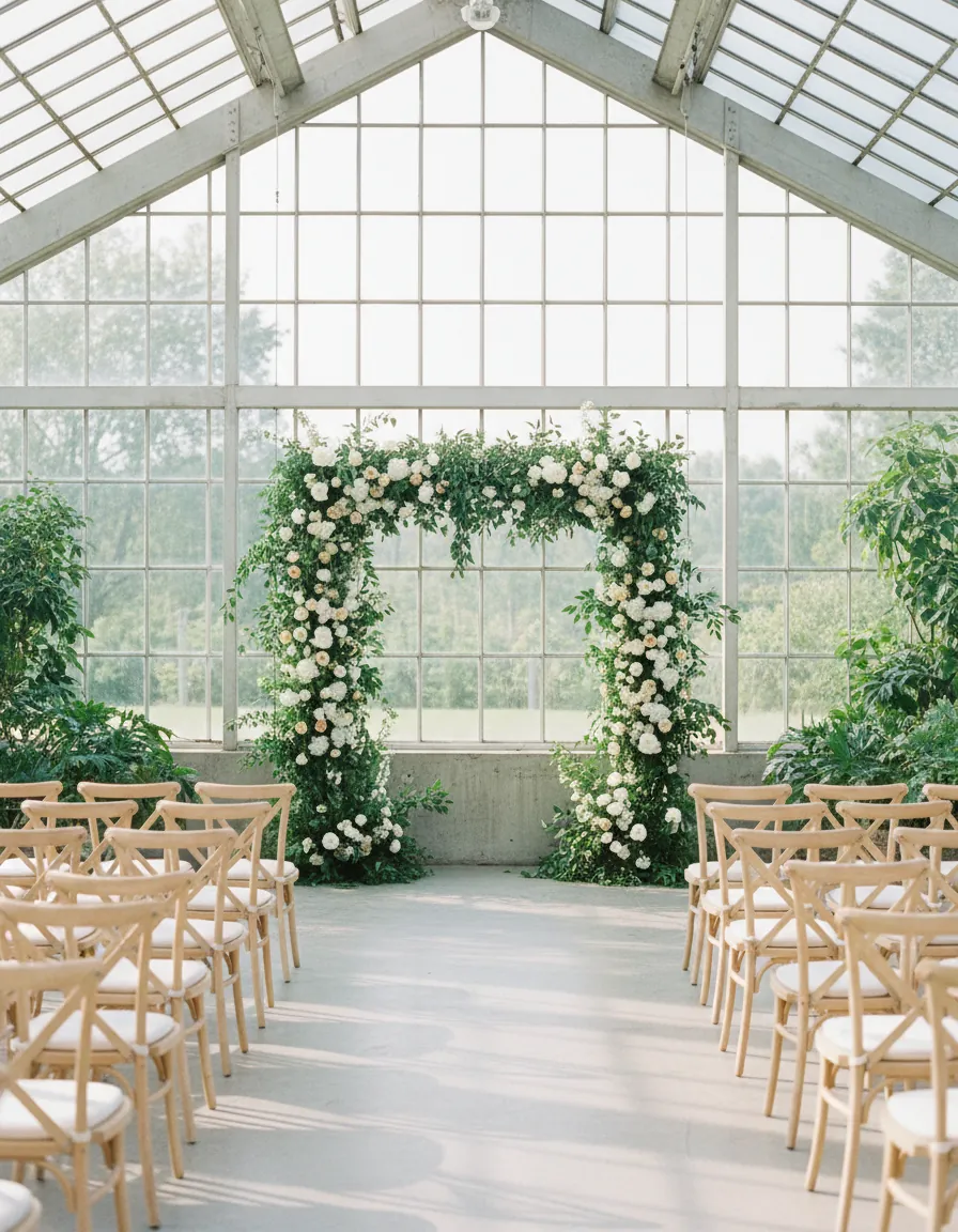 Une arche de fleurs blanches et vertes dans un jardin lumineux