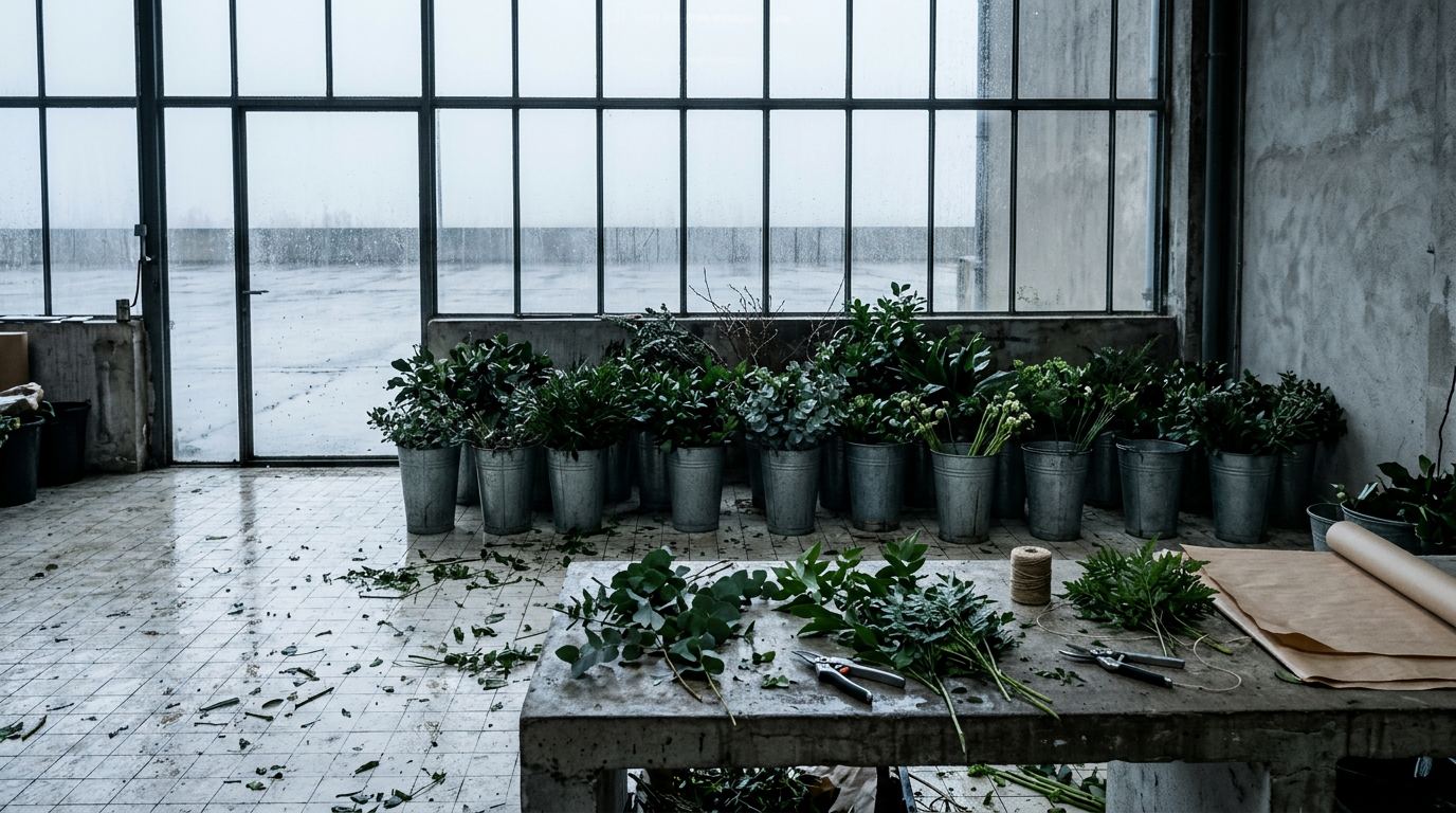 L’atelier et ses seaux de fleurs sous la verrière