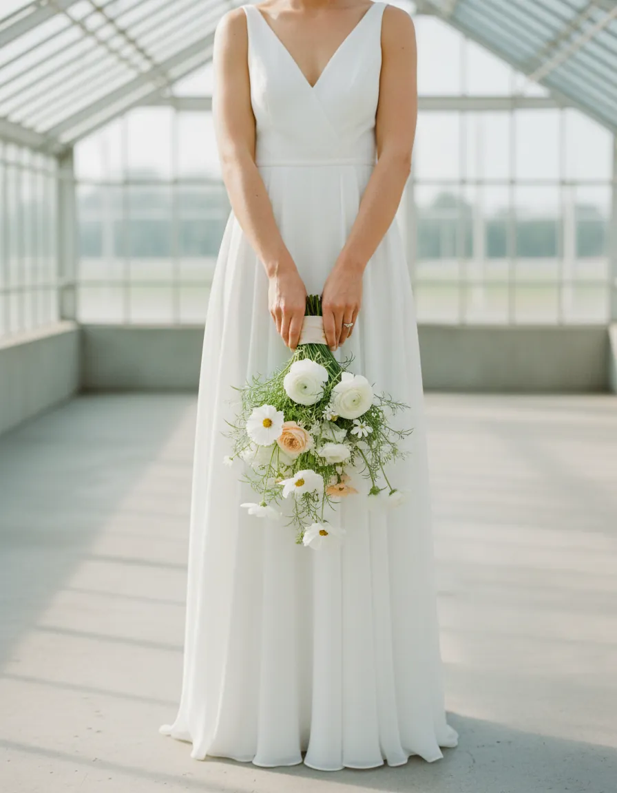 Un bouquet de mariée blanc et vert tenu devant une robe