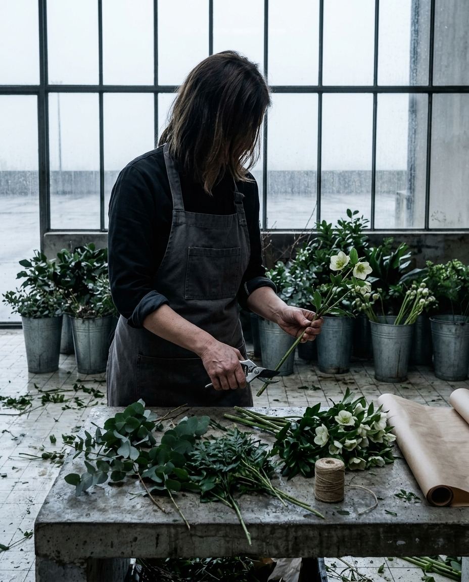 La fleuriste au travail à son établi
