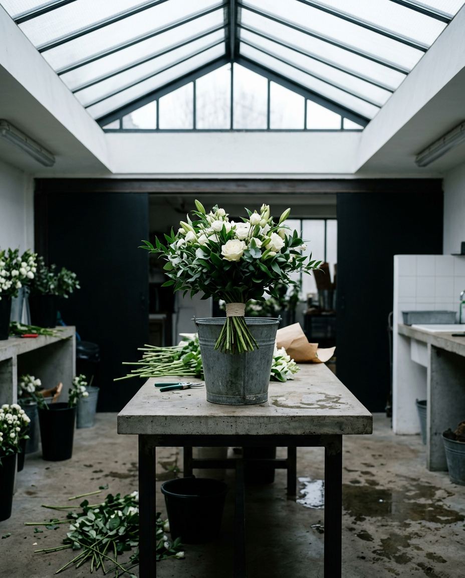 Bouquet de mariée dans un seau en zinc sur un établi