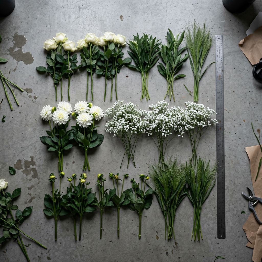 Les fleurs de l’été disposées à plat sur du béton