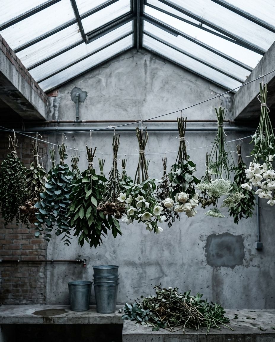 Des bottes de fleurs qui sèchent tête en bas dans l’atelier