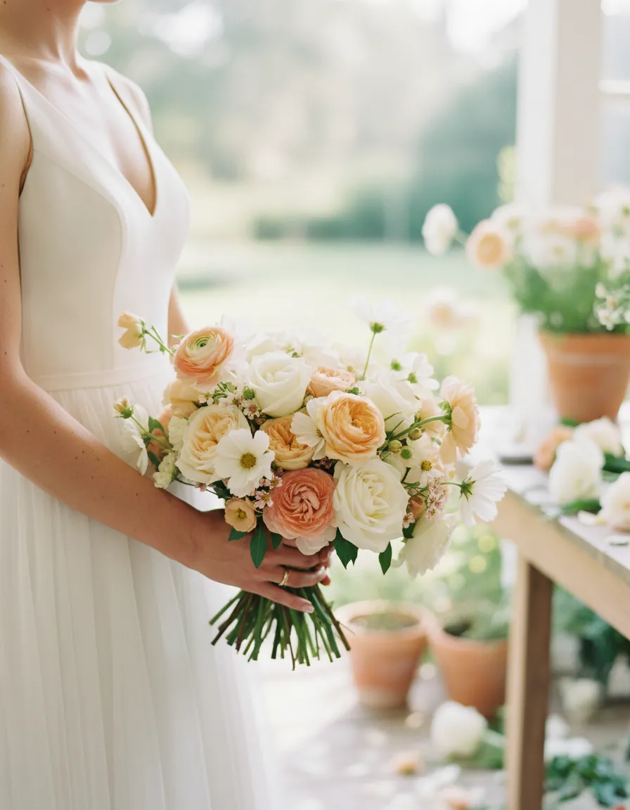 Un bouquet rond et libre de renoncules pêche et de roses de jardin, tenu devant une robe blanche