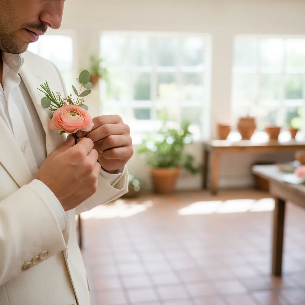 Une boutonnière de renoncule pêche épinglée au revers d’une veste beige