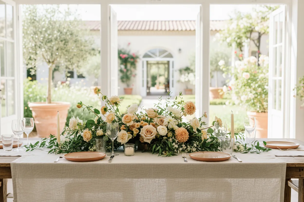 Un centre de table bas et généreux, fleurs pêche et crème, bougies et verres fins sur une nappe de lin