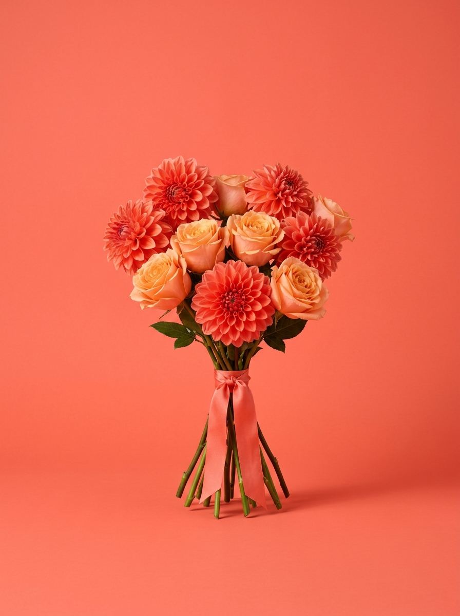 Le même bouquet en dahlias corail et roses pêche, sur fond corail