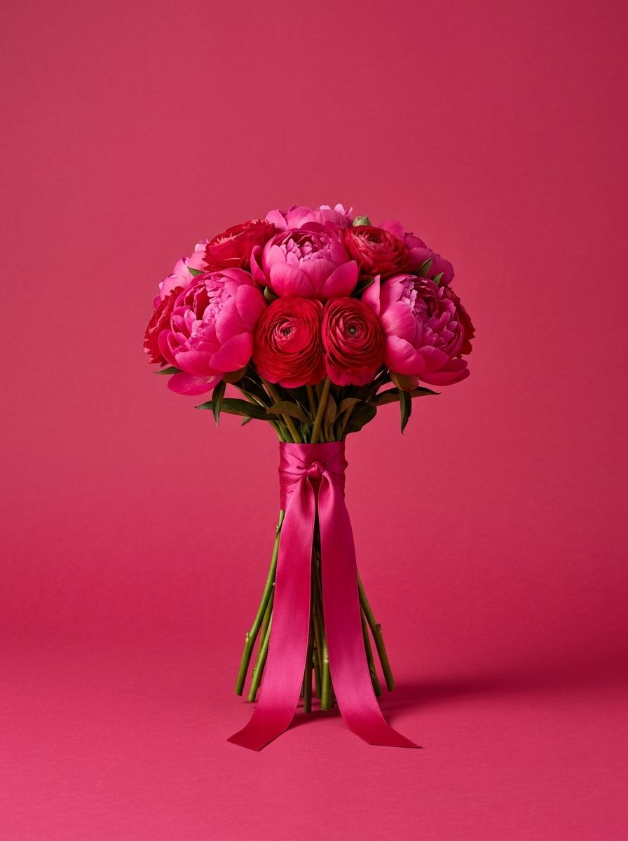 Bouquet de pivoines et renoncules fuchsia, lié d’un ruban de soie, sur fond fuchsia