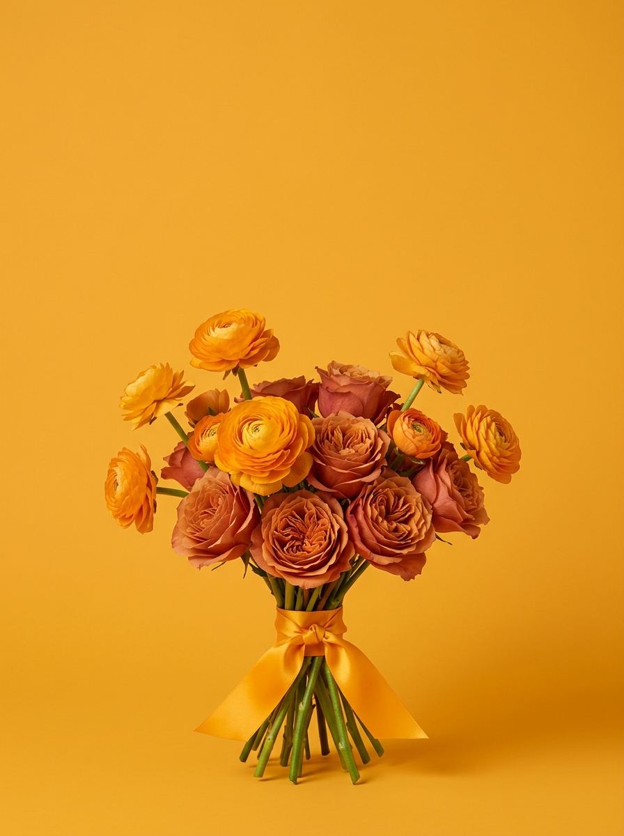 Le même bouquet en renoncules abricot et roses cuivrées, sur fond safran