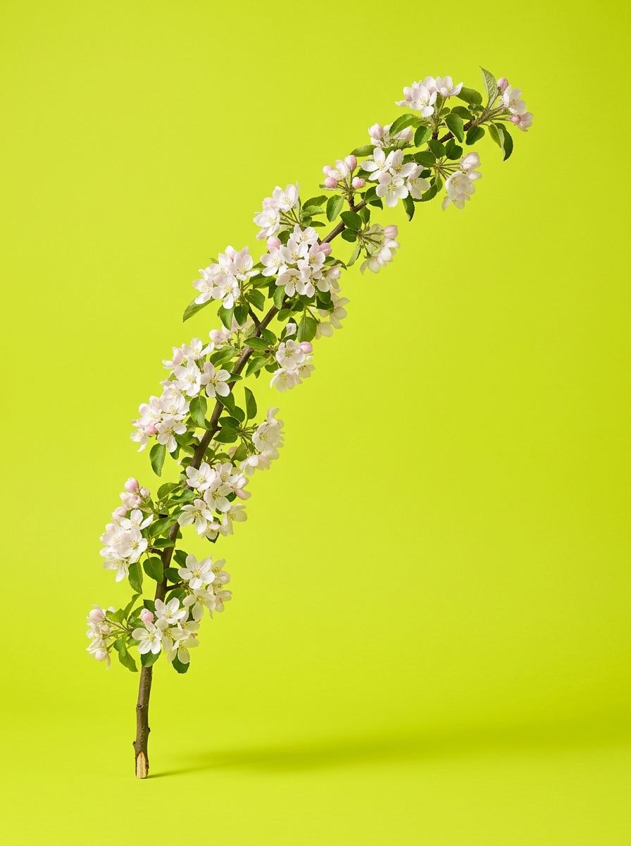 Longue branche fleurie arquée, destinée à habiller une arche, sur fond vert acide