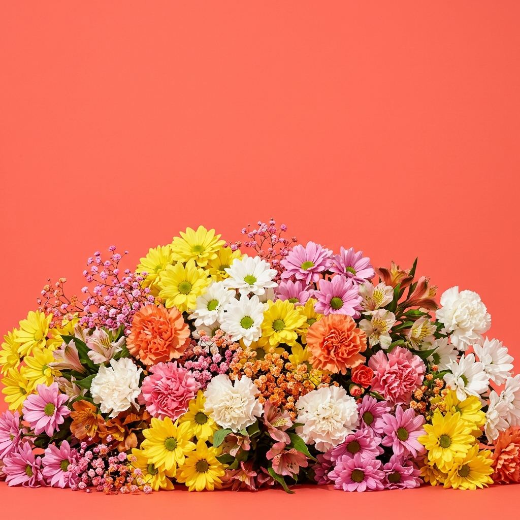 Masse dense de chrysanthèmes, œillets et alstroemerias sur fond corail