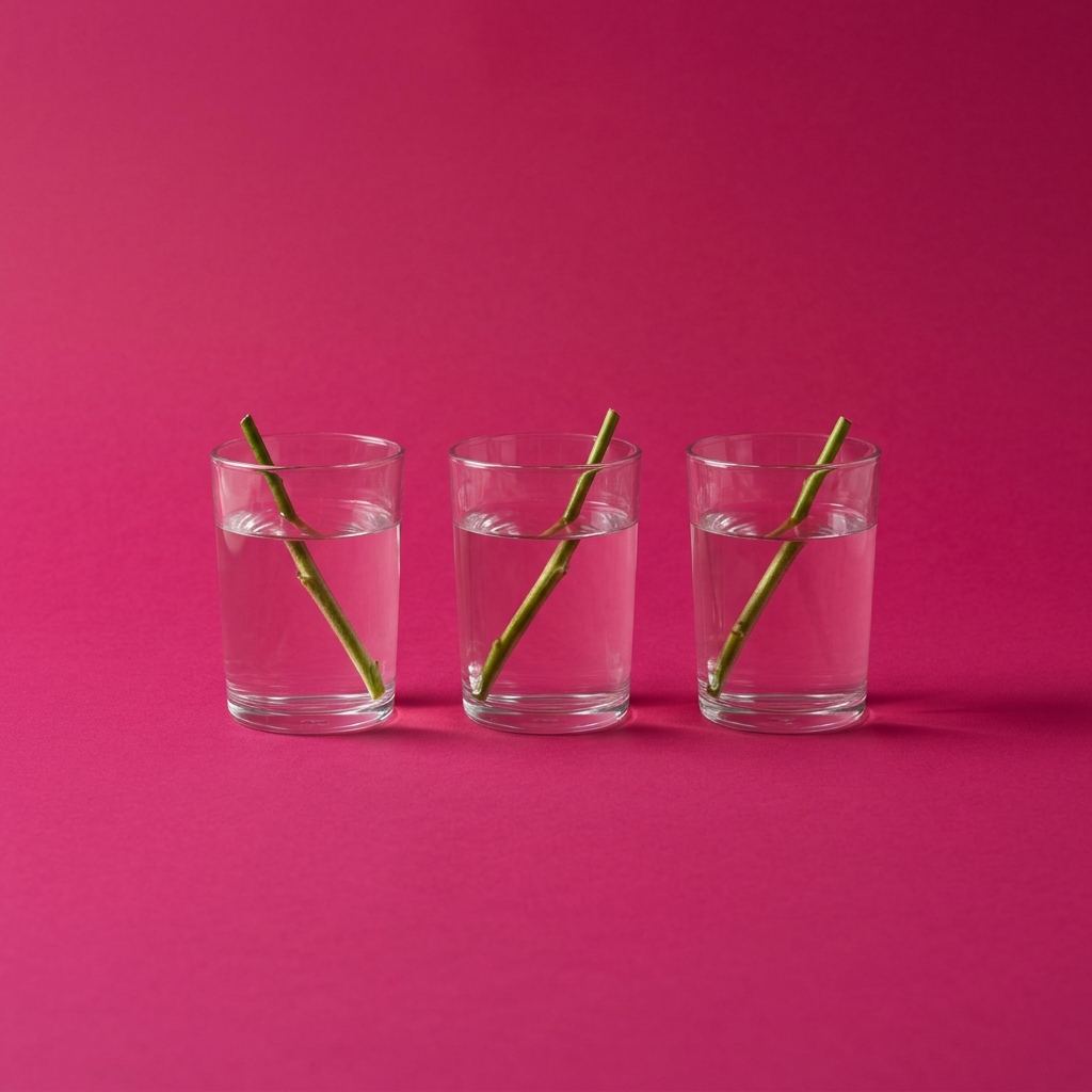 Trois verres d’eau claire alignés, chacun avec une tige, sur fond fuchsia