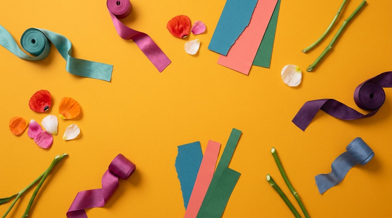Planche d’inspiration en cours : rubans de soie, pétales et chutes de papier de couleur posés à plat
